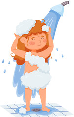 Happy redhead girl enjoying a refreshing shower, playfully washing her hair with soap foam while smiling, embodying a joyful daily hygiene routine and body care practice