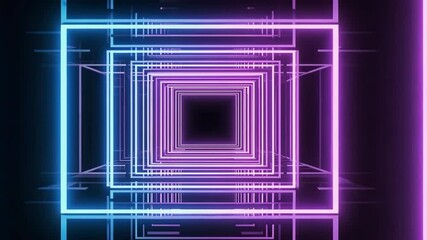 looped 3d animation, neon tunnel with rotating square frames. Abstract cycled background motion video - Powered by Adobe