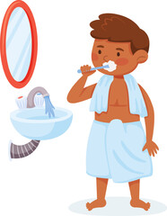 Cute cartoon boy brushing his teeth with toothpaste and toothbrush near sink and mirror, promoting dental hygiene and healthy habits in children