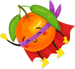 Cartoon illustration of a cheerful orange superhero wearing a mask and cape, flying with arms outstretched, promoting healthy eating habits and a playful approach to nutrition
