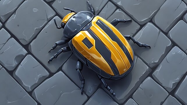 Yellow robot beetle on cobblestones