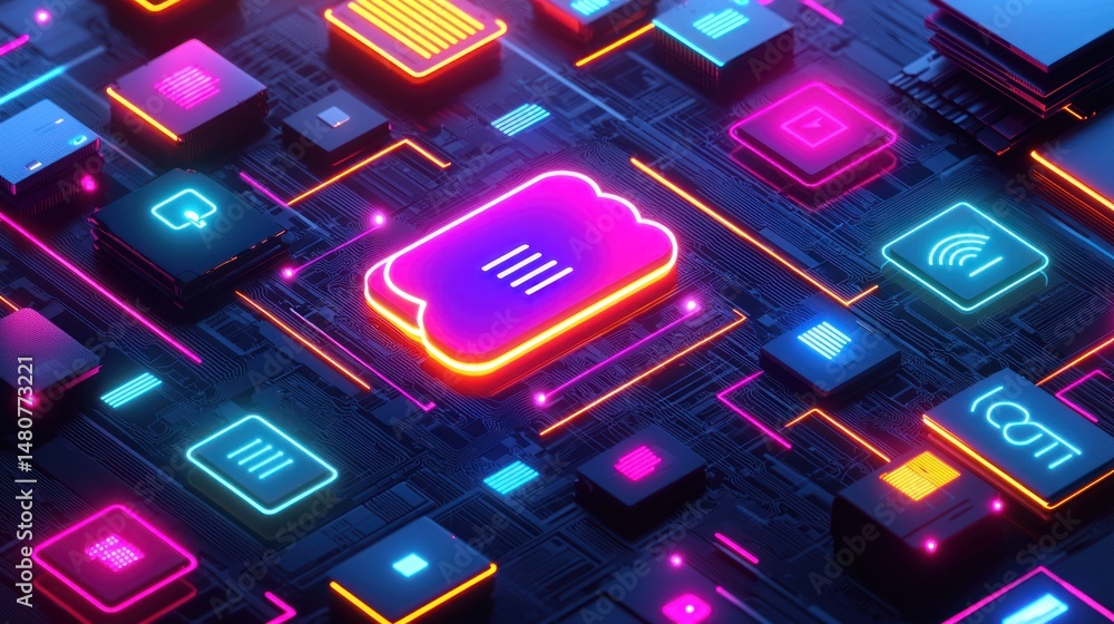 Poster neon-lit digital components interconnect, showcasing data storage and transfer on a circuit board
