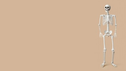 Human skeleton on beige background with space for text