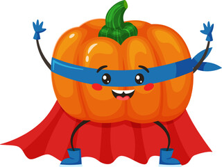 Cartoon illustration of a cheerful superhero pumpkin with a blue mask and a red cape raising hands wearing gloves and boots, isolated on a white background