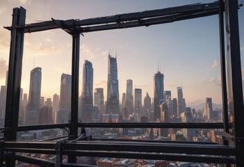 Steel frame rising against cityscape backdrop,  contemporary,  real estate