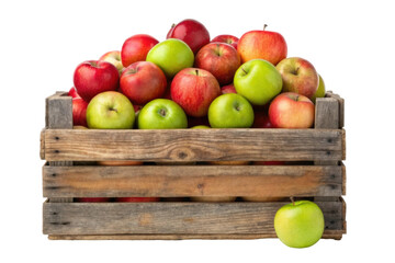 PNG Fresh red and green apples in rustic wooden crate on white background