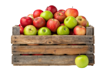 PNG Fresh red and green apples in rustic wooden crate on white background