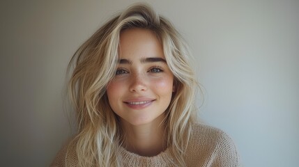 Fototapeta premium Natural Smiling Woman with Blonde Hair and Freckles in Soft Lighting