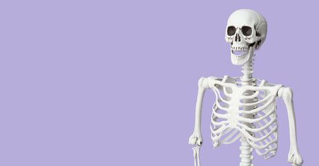 Scary human skeleton on lilac background with space for text