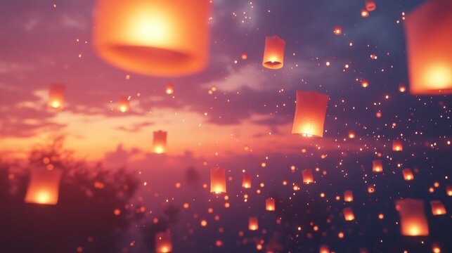 Glowing sky lanterns at dusk dreamy magical night scene festive celebration