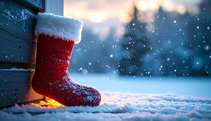 Magical Frosty Santa Sock Glowing on Snowy Porch with Warm Light Under Dramatic Winter Sky – Realistic Christmas Scene Full of Emotion, Quiet Charm, and Holiday Wonder