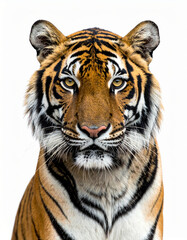 Fototapeta premium Majestic tiger staring with intense gaze on white background