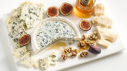 Fototapeta premium Top down view of gourmet cheese board creamy Gorgonzola walnut honey fig artistically presented white ceramic platter over white background Aged blue cheese specialty Italy cut out isolated
