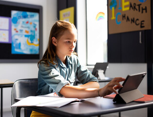 Child girl student tapping tablet on school desk in bright classroom, with open workbook