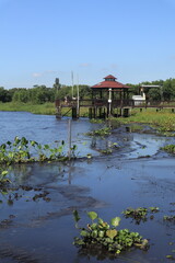  Wooden walkway leading to a pier on Lake Ypacaraí near Areguá, Paraguay