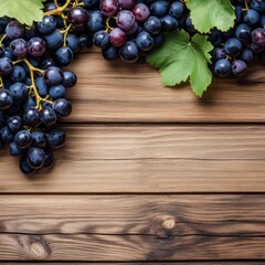 Fototapeta premium Fresh Dark Grapes with Leaves on Rustic Wood Background, Fruits , Food