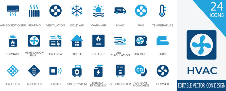A clean and modern HVAC icon set featuring  essential symbols, including air conditioner, furnace, fan, sensor, ventilation, air duct, and more. 