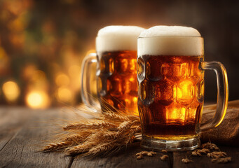 Two Frothy Beer Mugs on Rustic Wooden Table with Barley