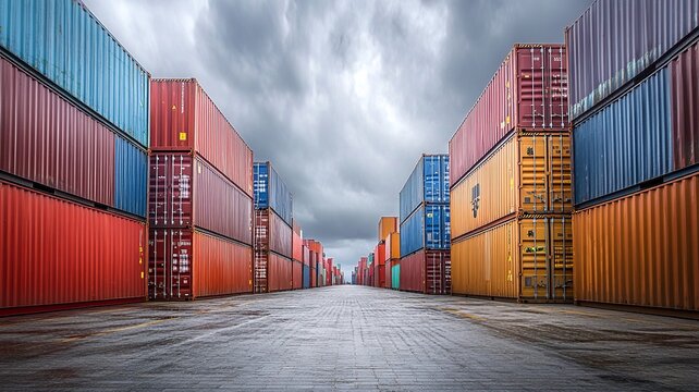 Freight containers with national flags of USA, China, India, Canada, and EU lined up in opposition, illustrating global trade war and import-export tensions.
