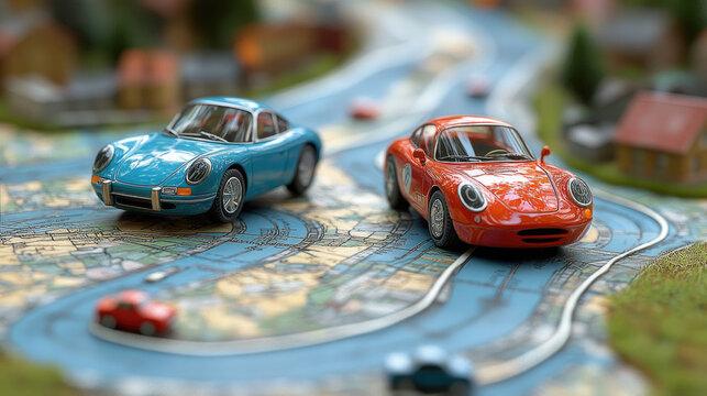Vintage Toy Cars on Miniature City Map - Nostalgic Childhood Playtime Scene with Classic Models