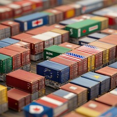 Obraz premium Freight containers with national flags of USA, China, India, Canada, and EU lined up in opposition, illustrating global trade war and import-export tensions. 