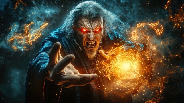 Powerful sorcerer casting fiery spell dark fantasy art