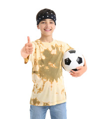 Little boy with soccer ball showing thumb-up on white background