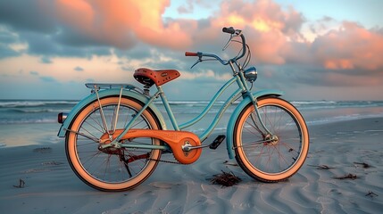 Bicycle with blue and orange frame parked by the beach