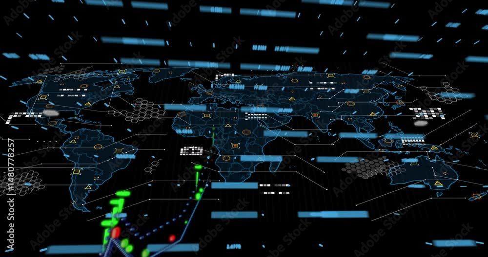 Poster holographic world map animating in 3d, showing multicolored line graph and hexagonal data clusters