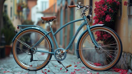 Obraz premium Blue bicycle parked on sidewalk with building in background