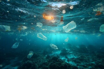 Fototapeta premium Plastic Pollution Threatens Marine Ecosystems, Plastic Bottles Floating Underwater