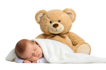 PNG Sleeping baby and teddy bear: peaceful scene of resting infant with plush toy