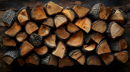 Overhead View of Stacked Firewood Logs on Dark Wooden Surface