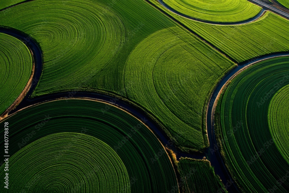 Poster aerial view of circular cultivation patterns in green fields with irrigation channels