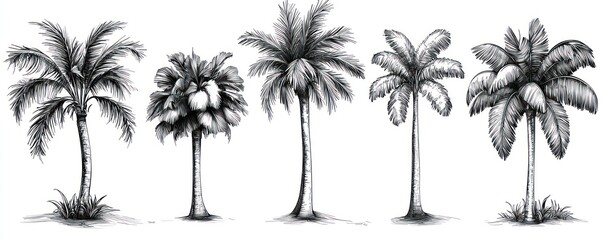 Five detailed pencil sketches of palm trees, showcasing variations in frond shape and coconut cluster depiction