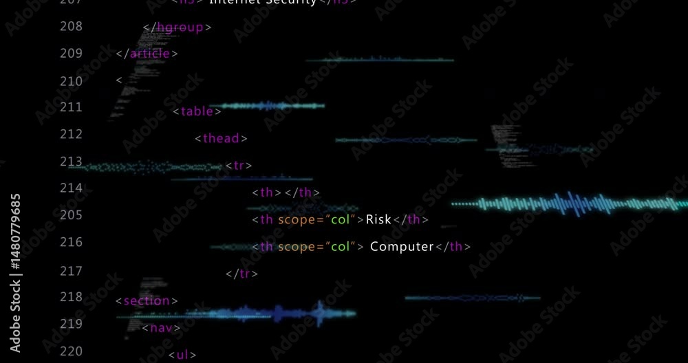 Poster HTML code lines scrolling in dark editor, overlaying cyan audio waveforms drifting horizontally