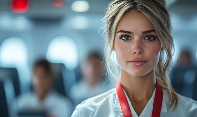 Fototapeta premium Focused woman in a professional setting inside a plane.