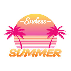 Naklejka premium Retro Beach Sunset T-Shirt Design – Minimal Palm Silhouette and Vibrant Gradient Background with 'Endless Summer' Script for Coastal Style