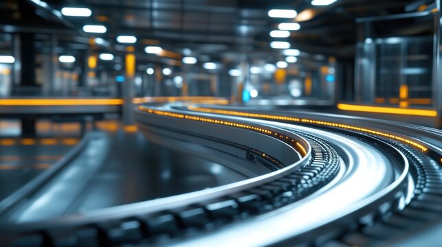 Curved conveyor belt system industrial automation futuristic technology