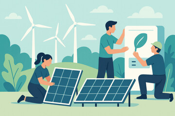 Three individuals engaged in renewable energy work, installing solar panels and discussing eco-friendly technology, with wind turbines in the background, promoting sustainability and teamwork