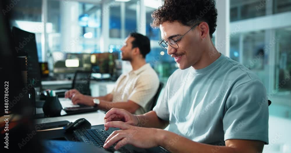 Poster Computer, reading and typing with happy man programming in office as graphic designer for software development. Coding, smile and web design with developer or engineer at work for virtual update
