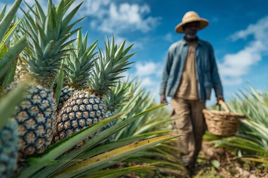 African farmer carrying basket in pineapple field, growing fresh produce