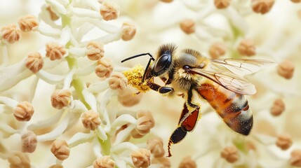 Macro detail of bees proboscis interacting pollen laden stamens amid soft floral background