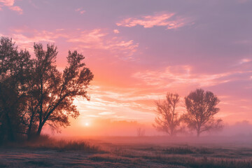 Fototapeta premium Tranquil Sunrise Through Misty Trees in a Countryside Landscape