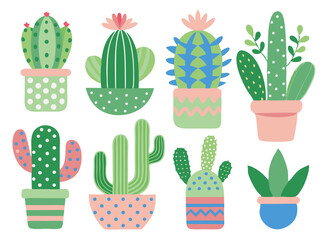 Cute Cactus Set – Hand Drawn Potted Succulent isolated on white background. Vector illustration.

