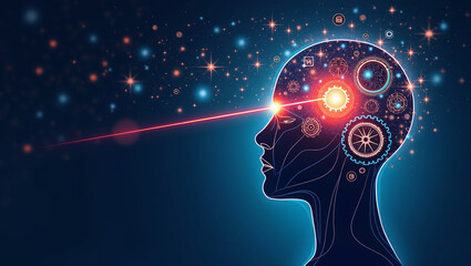 “An illustration of a person with glowing gears and checklists inside their head, laser beam eyes, concept of flow state”
