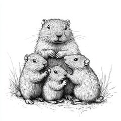 Detailed pencil sketch of a gopher family huddled together with expressive faces and textured fur on white background