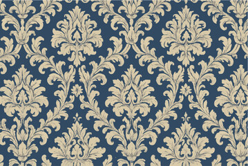 Seamless Baroque Damask Pattern – Cream Floral Motif on Blue Background