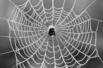 A spider sits patiently in the center of its dew-kissed web, a delicate masterpiece of nature.
