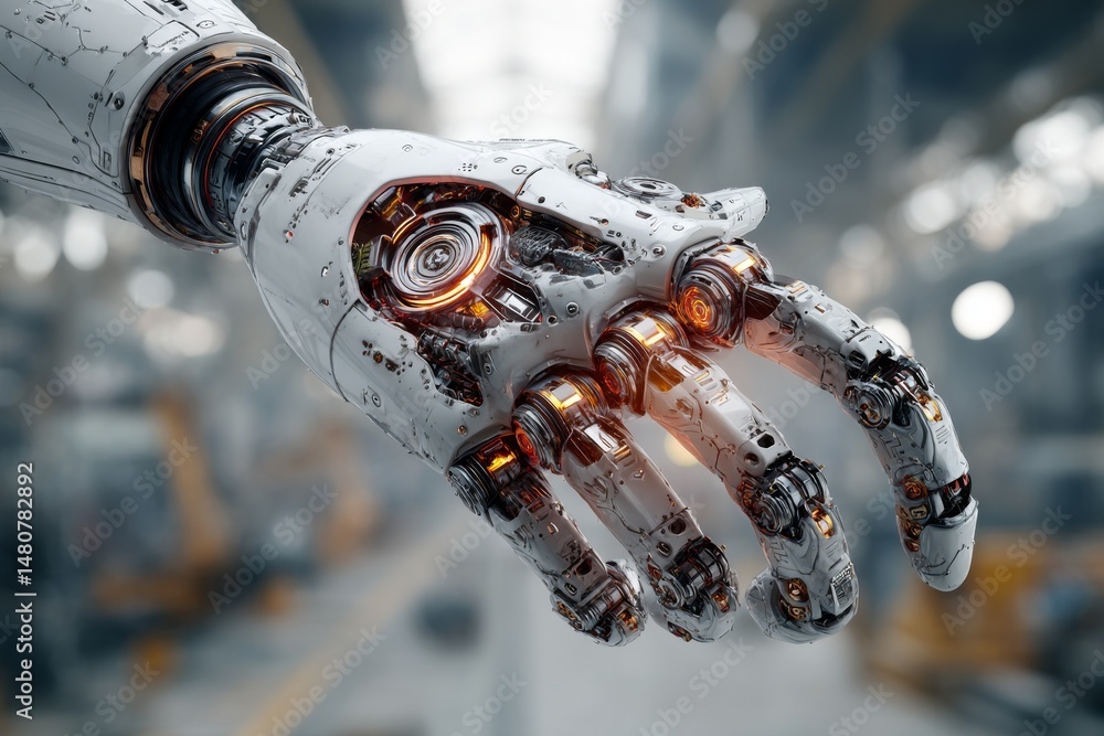 Poster mechanical hand with visible internal components extending outward in industrial setting